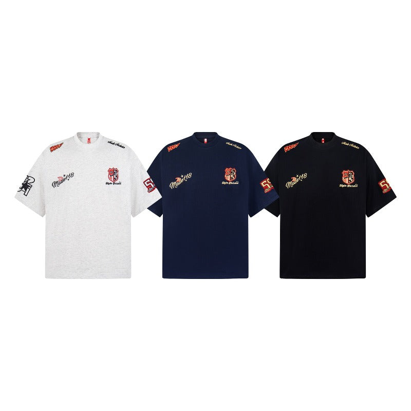 Men's t-shirt - american retro unisex short sleeve tee with embroidered badge design - high street style oversized t-shirt