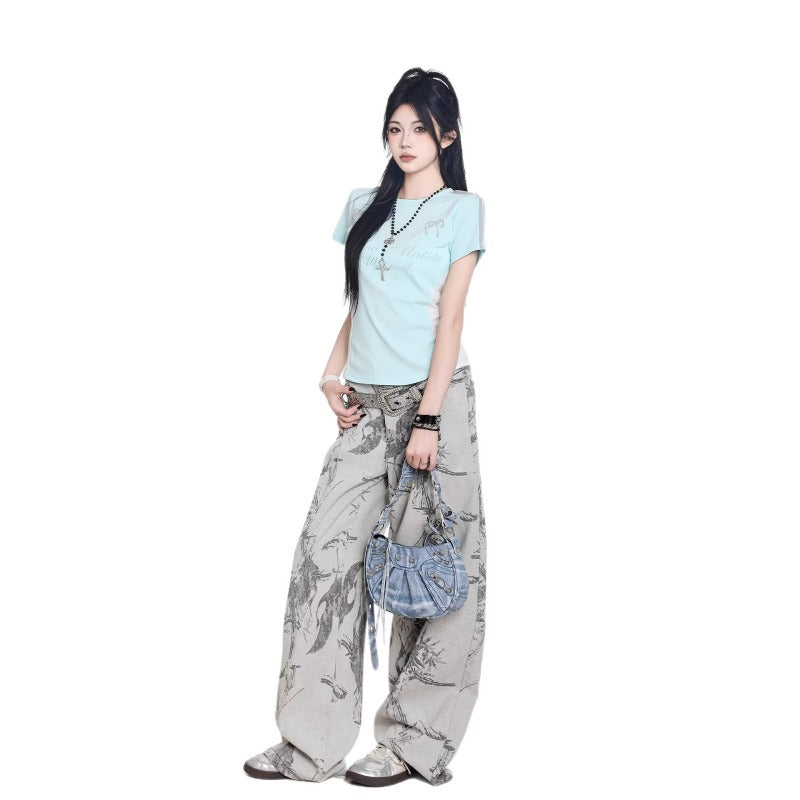 Women jeans retro jacquard loose