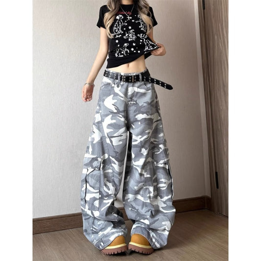Women's jeans women's summer retro white camouflage slacks