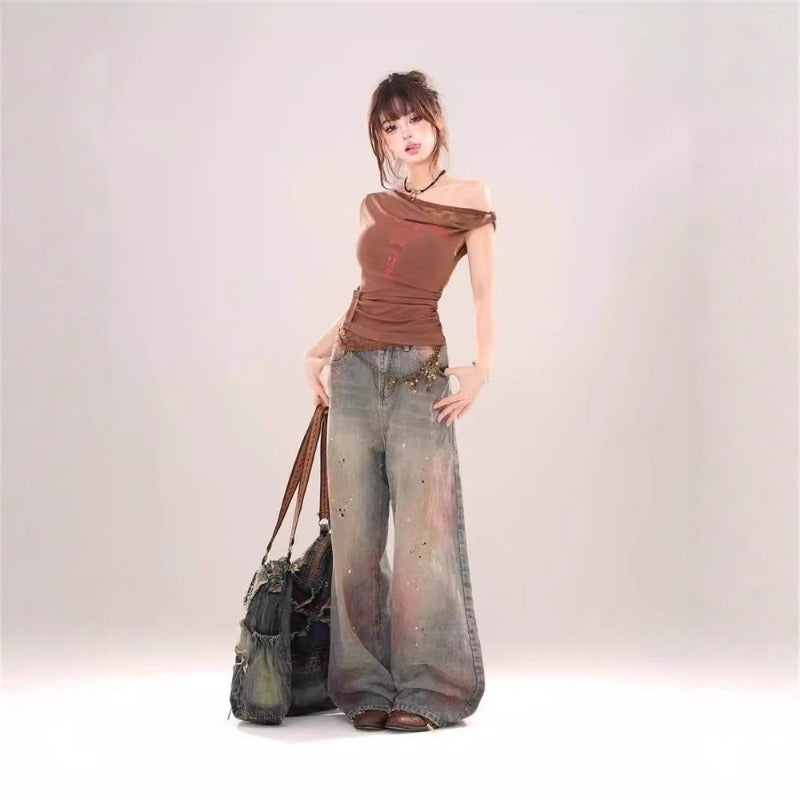 Women jeans gradual change tie-dye splash ink