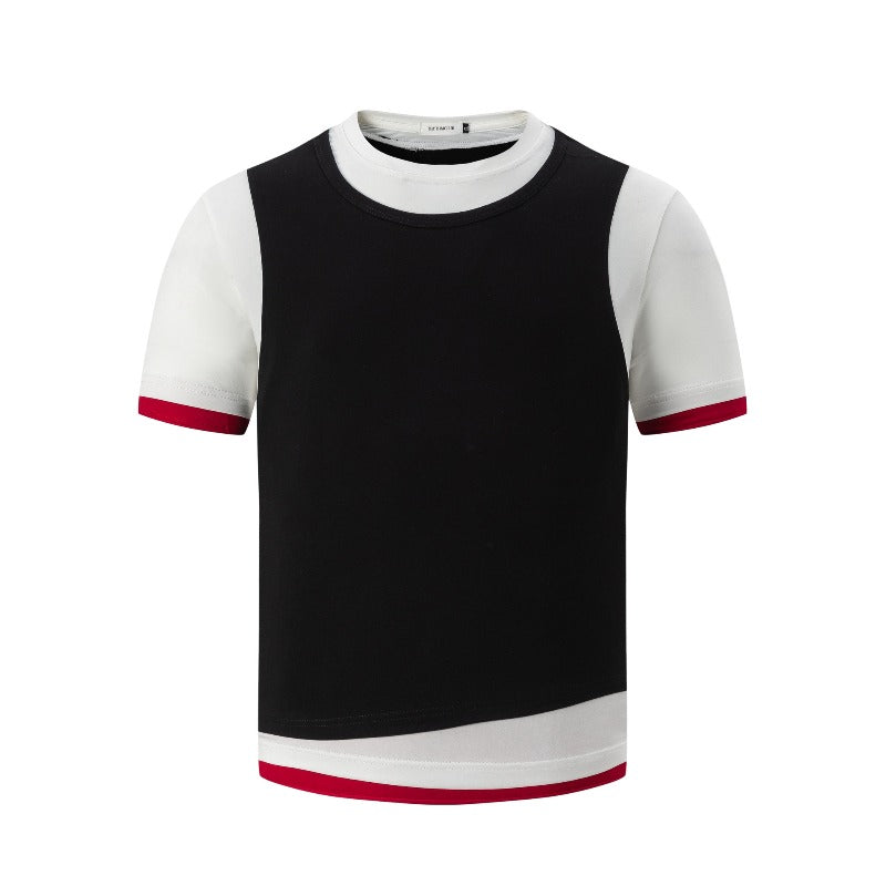 Men's t-shirt: american street style, unisex, premium summer faux two-piece design, slim fit short sleeve tee