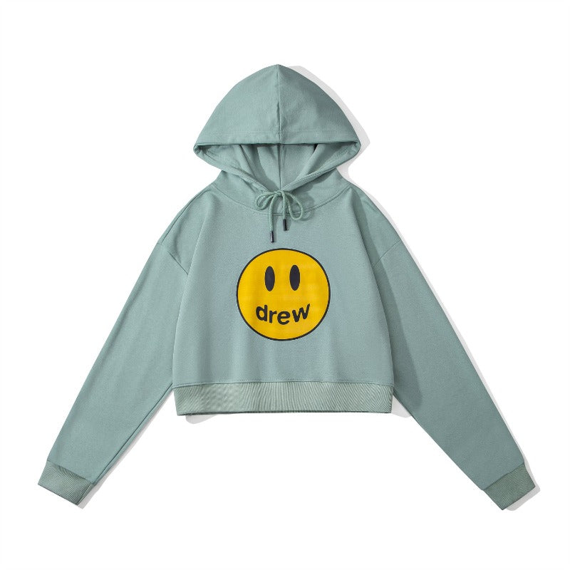 Drew house hoodie - early autumn d@ew smiley face letter print cropped hoodie (women's)