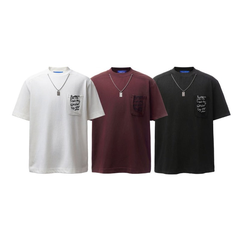 Men's t-shirt - american retro heavyweight double yarn high-quality washed & distressed embroidered design - men's loose fit short sleeve tee