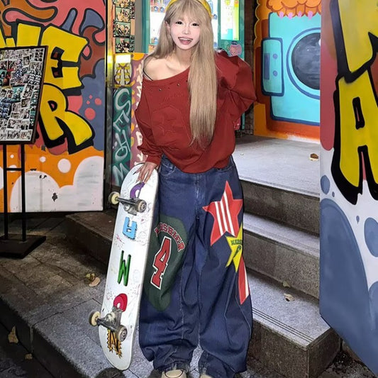 Women jeans Y2K retro contrasting color women loose