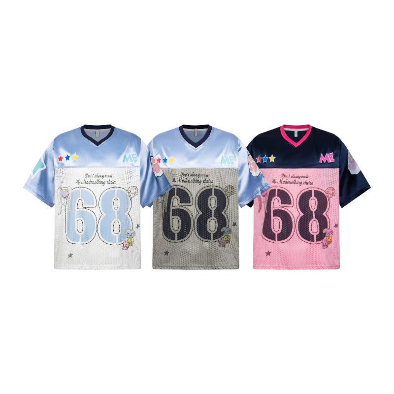 Men's t-shirt - american retro unisex patchwork print breathable jersey short sleeve design - men's high street loose fit tee