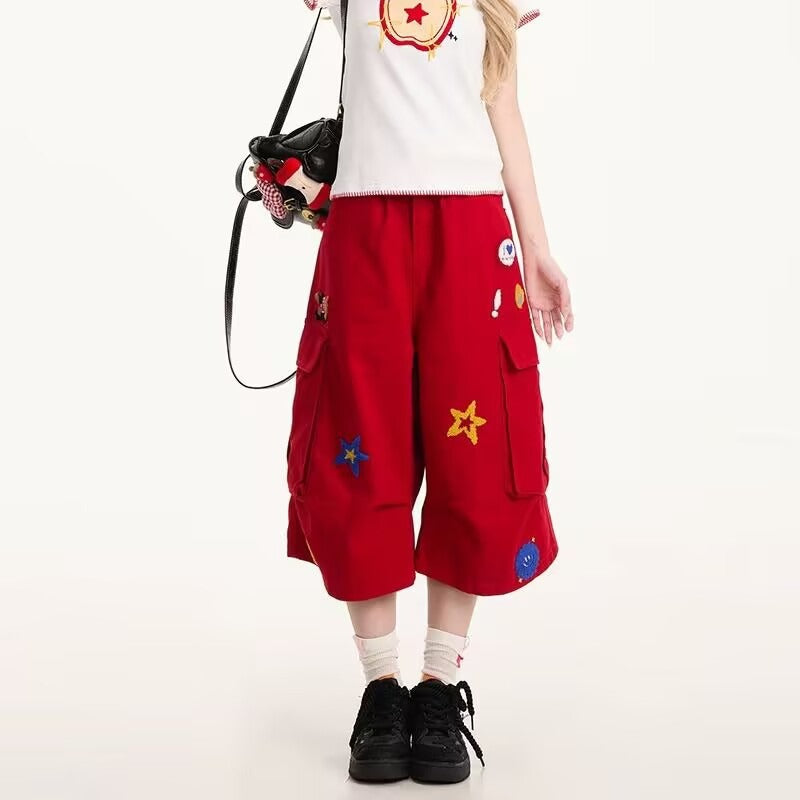 Women jeans star embroidersummerloose cropped pants