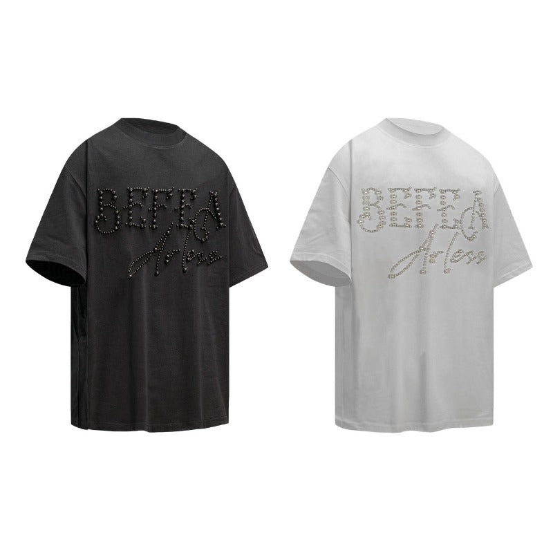 Men's t-shirt: american street style summer beaded graphic design, oversized premium heavyweight short sleeve tee