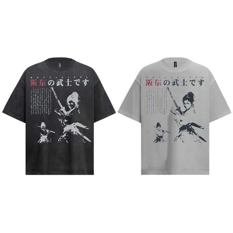 Men's t-shirt - american streetwear summer retro anime girl samurai design - premium quality loose fit short sleeve tee