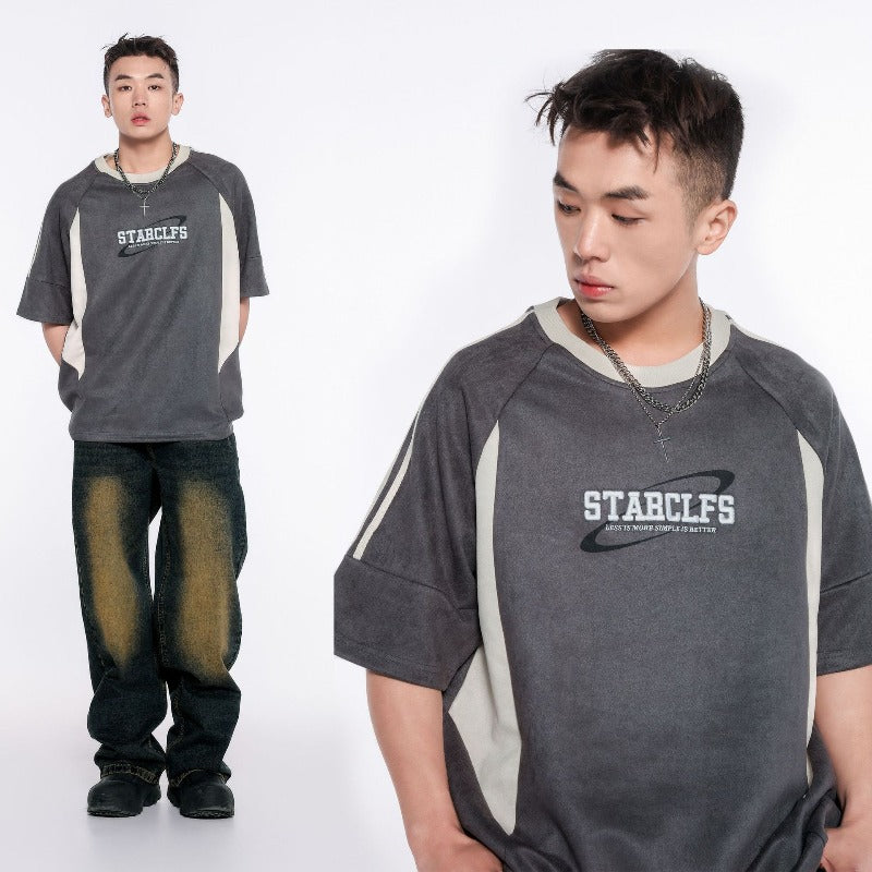 Men's jt american streetwear summer suede letter embroidery premium design loose fit short sleeve t-shirt