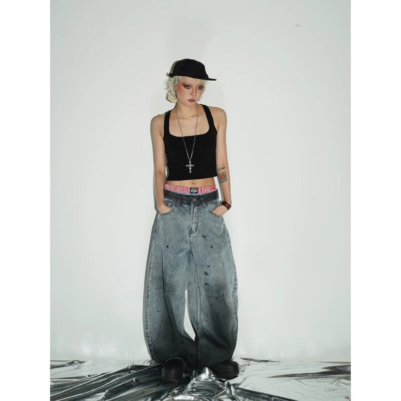 Women jeans retro splash ink graffiti loose