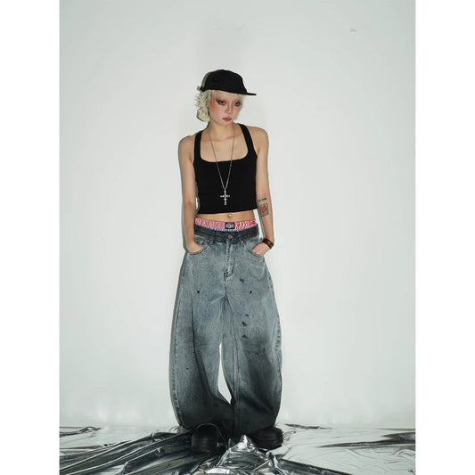 Women jeans retro splash ink graffiti loose