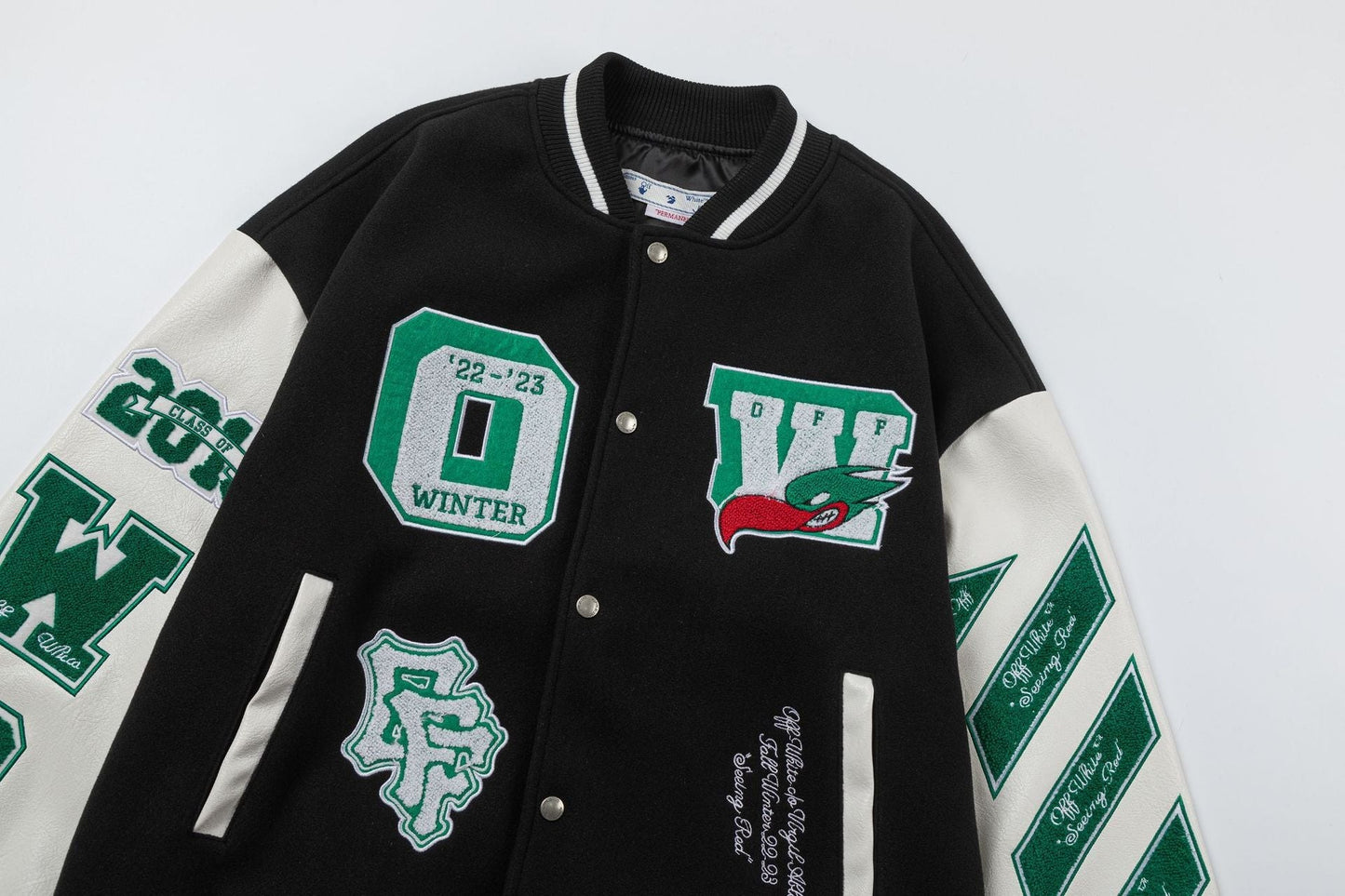 Off White Jacket Spring and Autumn OW Cartoon Bird Pattern Baseball Jacket Jacket