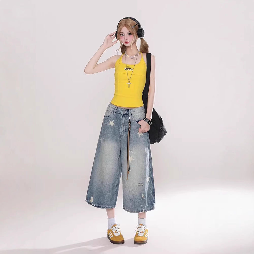 Women jeans retro women's summer loose cropped pants