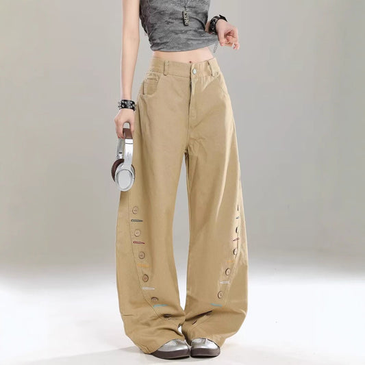 Women jeans retro side button decoration