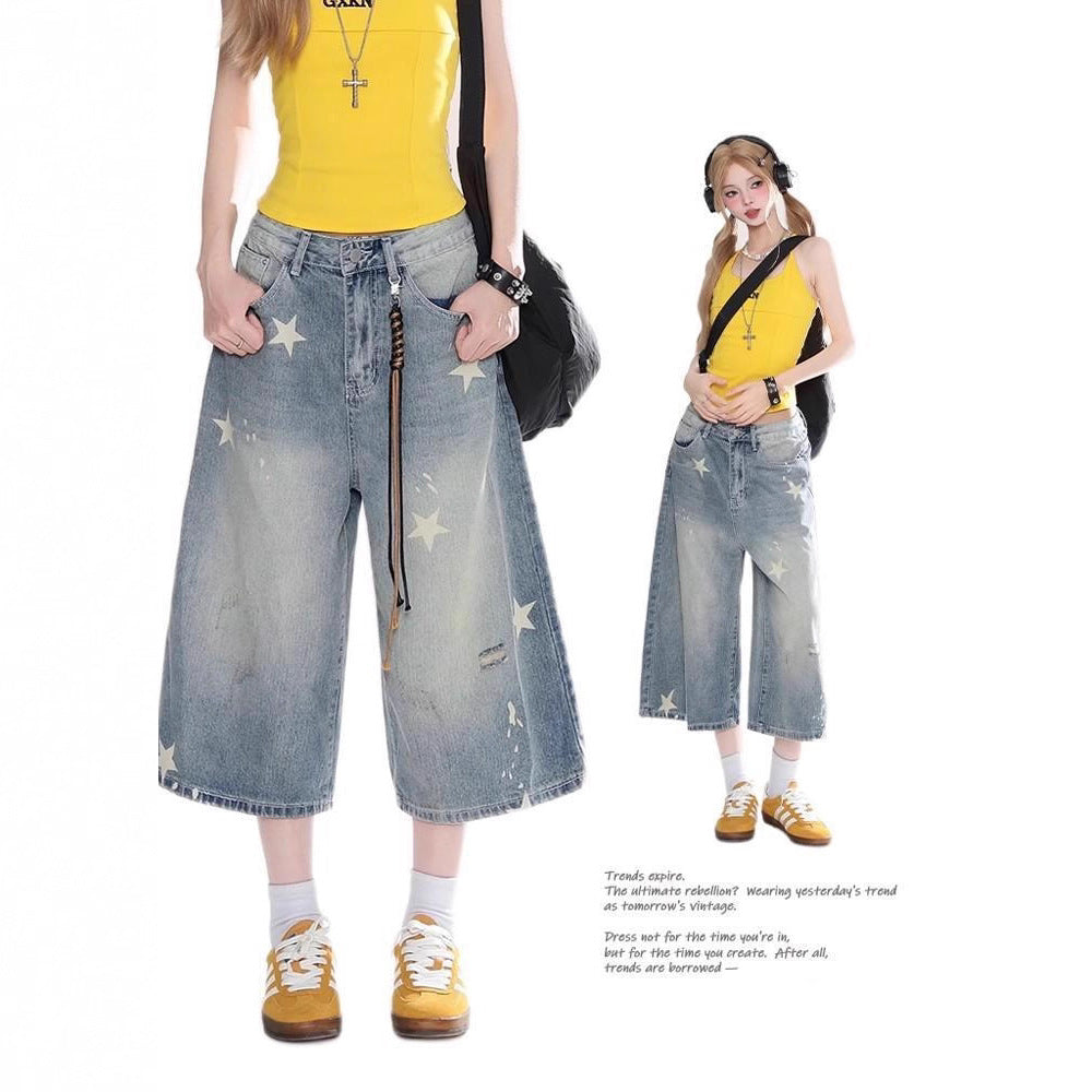 Women jeans retro women's summer loose cropped pants