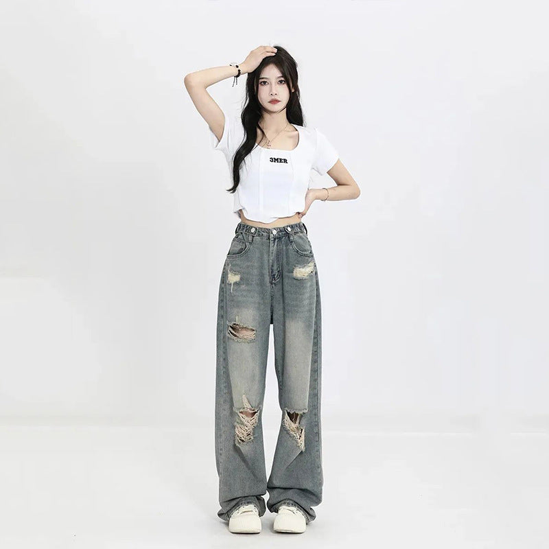 Womens jeans women's summer loose vintage ripped jeans