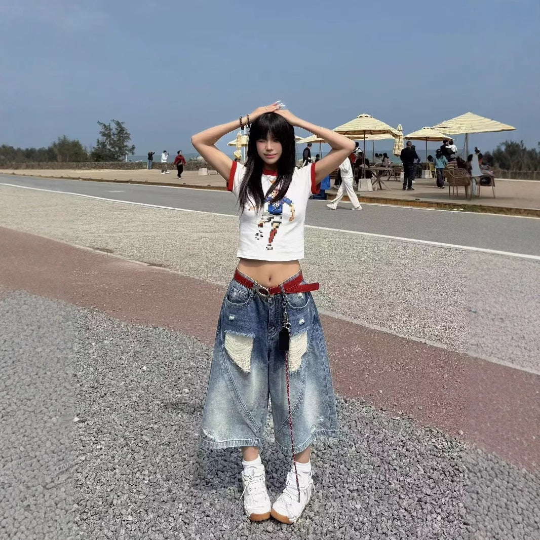 Women's jeans women's summer ripped cropped pants loose