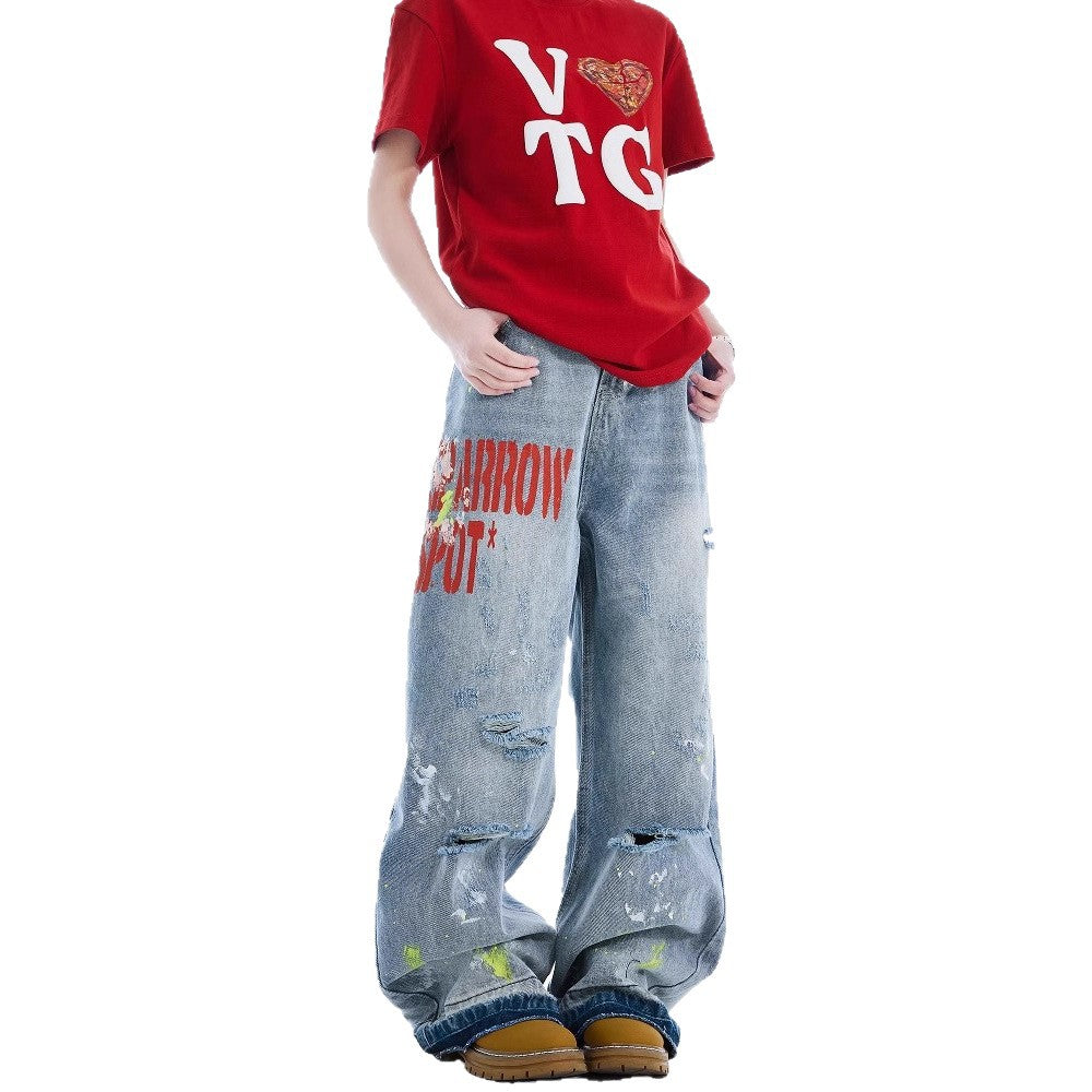Women jeans ripped and splashed ink women's retroloose