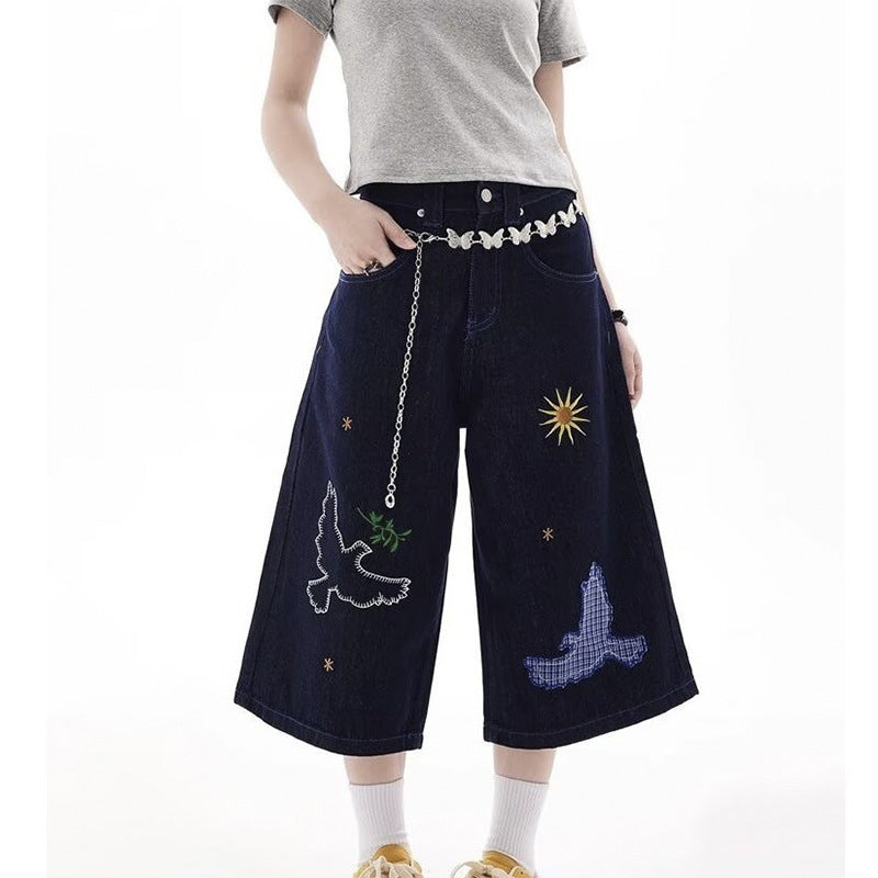Women jeans fun embroidery design sense women loose wide leg pants