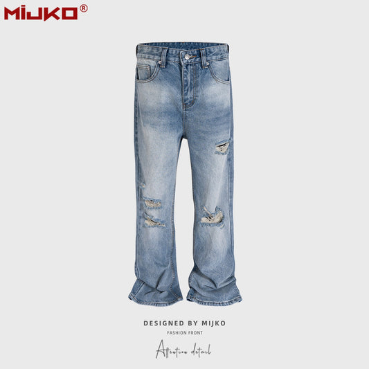 MIJKO Mens Vintage Pants Ripped Bootcut Blue Jeans