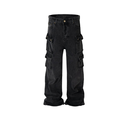 MIJKO Mens Vintage Pants MIJKO Tooling Wash High Street Wide Feet Black Jeans