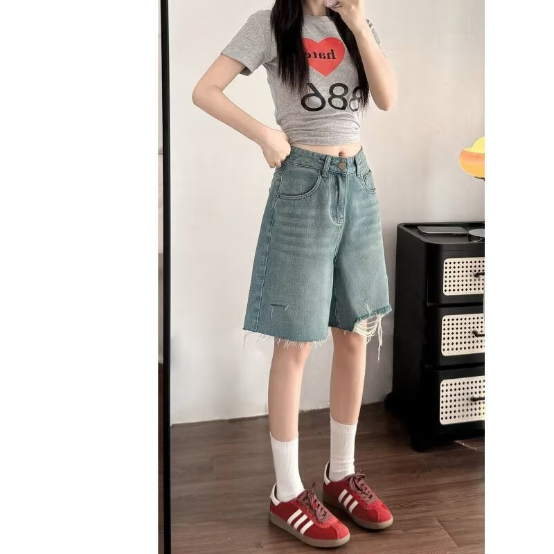 Women jeans ripped women summerhigh waistloose denim half length pants