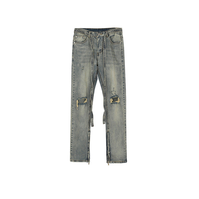 MIJKO Men Vintage Pants MIJKO Knee Ripped Pants Zipper Pants Jeans