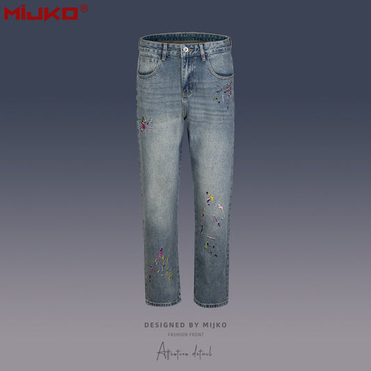 MIJKO Mens Vintage Pants Embroidery Embellished Slim-fitting Old Jeans
