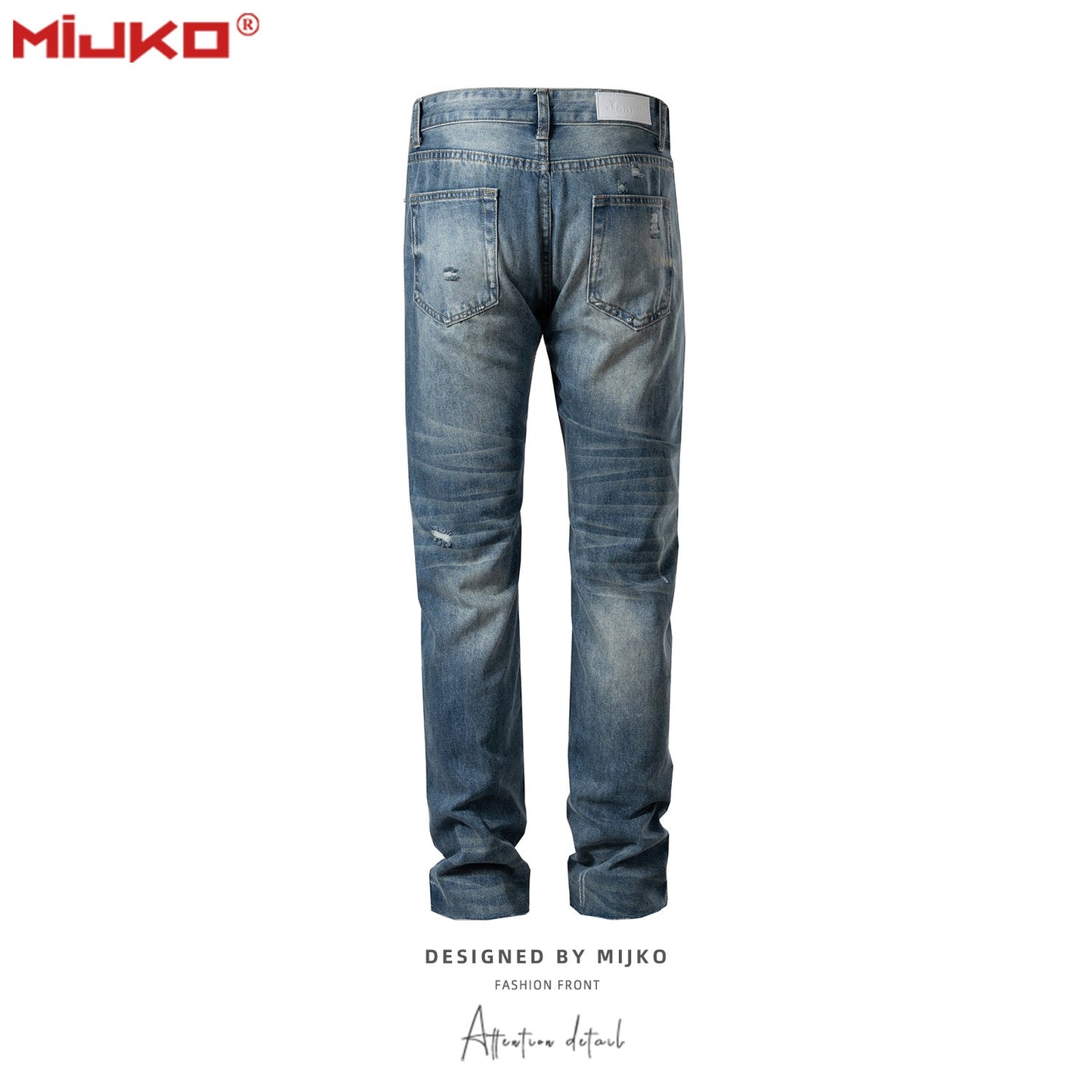 MIJKO Mens Vintage Pants Ragged Patch Unisex Jeans