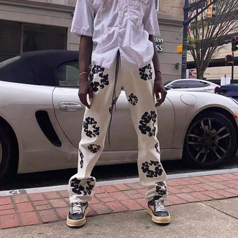 MIJKO Men's Vintage Pants MIJKO Men's and Women's Autumn and Winter VINTAGE Cotton Printed Straight Jeans