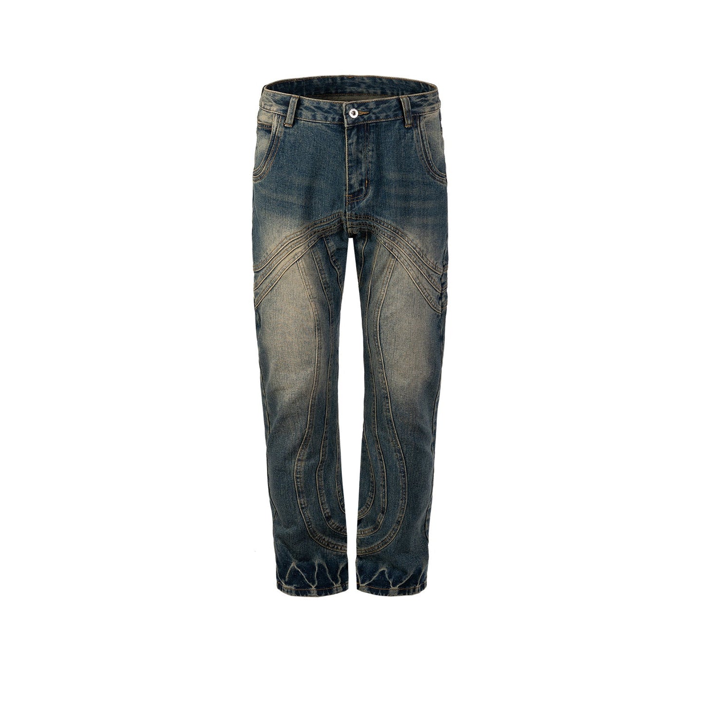 MIJKO Men Vintage Pants MIJKO Textured Splicing Trousers Straight Washing Water Old Jeans