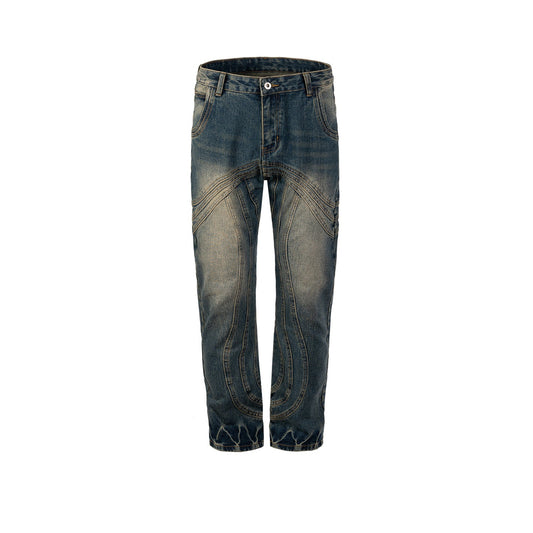 MIJKO Men Vintage Pants MIJKO Textured Splicing Trousers Straight Washing Water Old Jeans