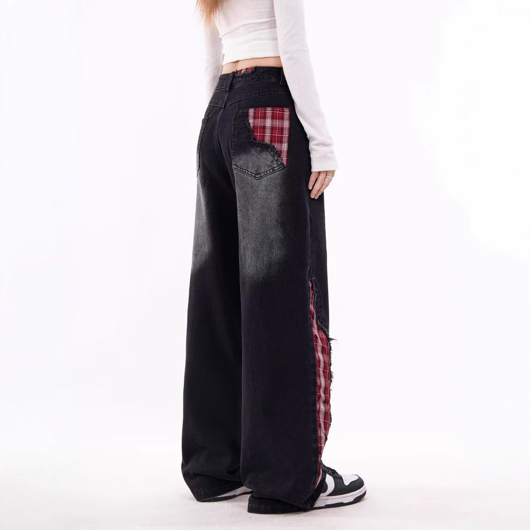 Women jeans women's spring autumlooseplaid patch