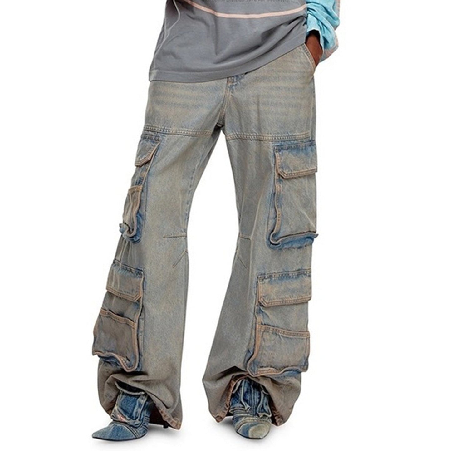 MIJKO Mens Vintage Pants Multi Pocket Make Old Wide Leg Unisex Jeans
