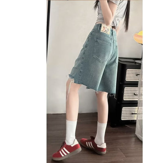 Women jeans ripped women summerhigh waistloose denim half length pants