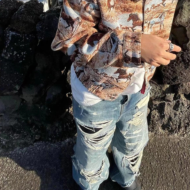 MIJKO Men's Vintage Pants MIJKO Men's Women's Bar Flavor Double Tassel Destroying Beggar Style Jeans