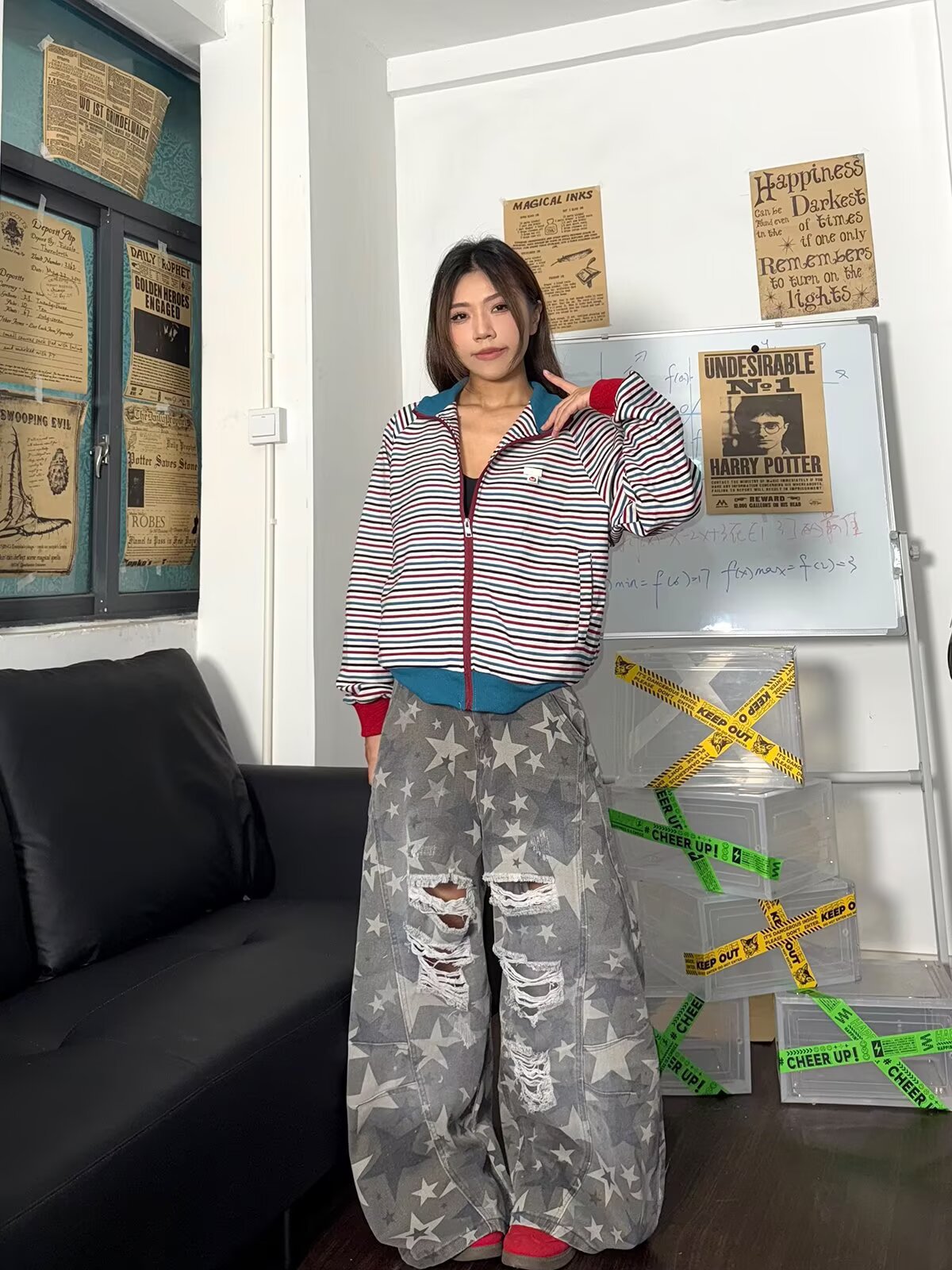 Women jeans hip hop hiphop ripped star print washed jeans