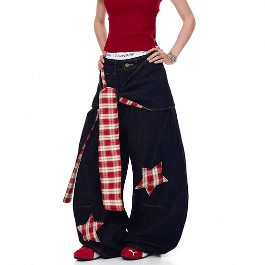 Women jeans retro star plaid