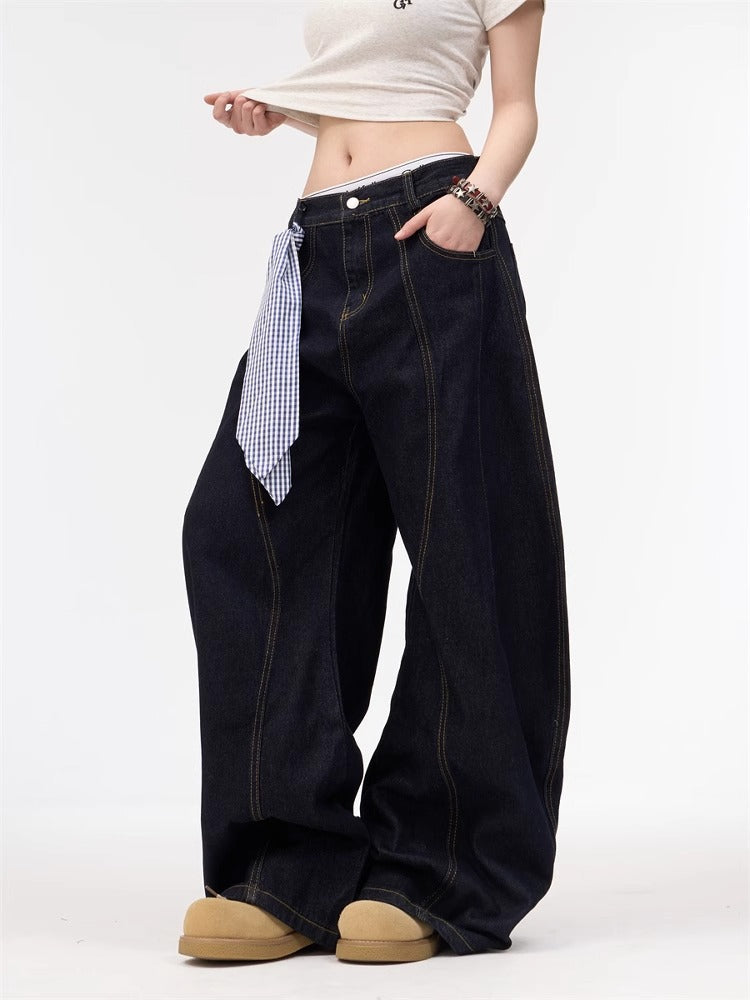 Women jeans retro washed scimitar jeans loose wide-leg casual trousers
