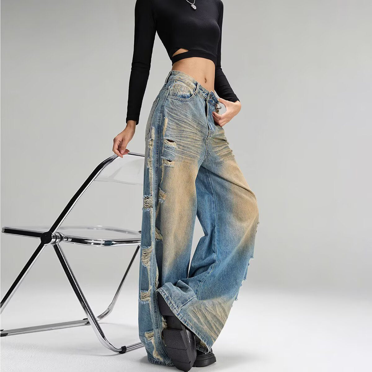 Women jeans ripped rough edge women spring and autumn loose