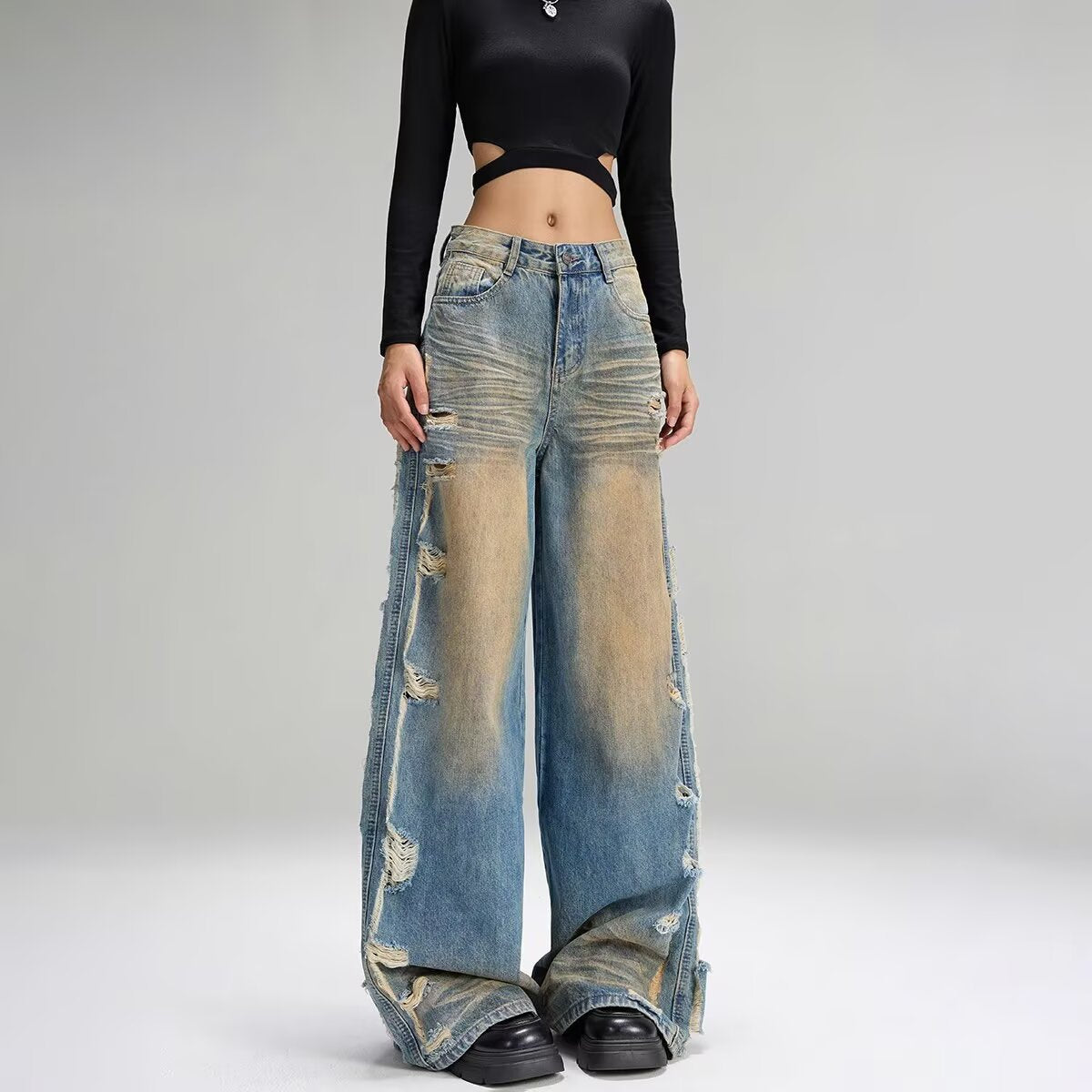 Women jeans ripped rough edge women spring and autumn loose