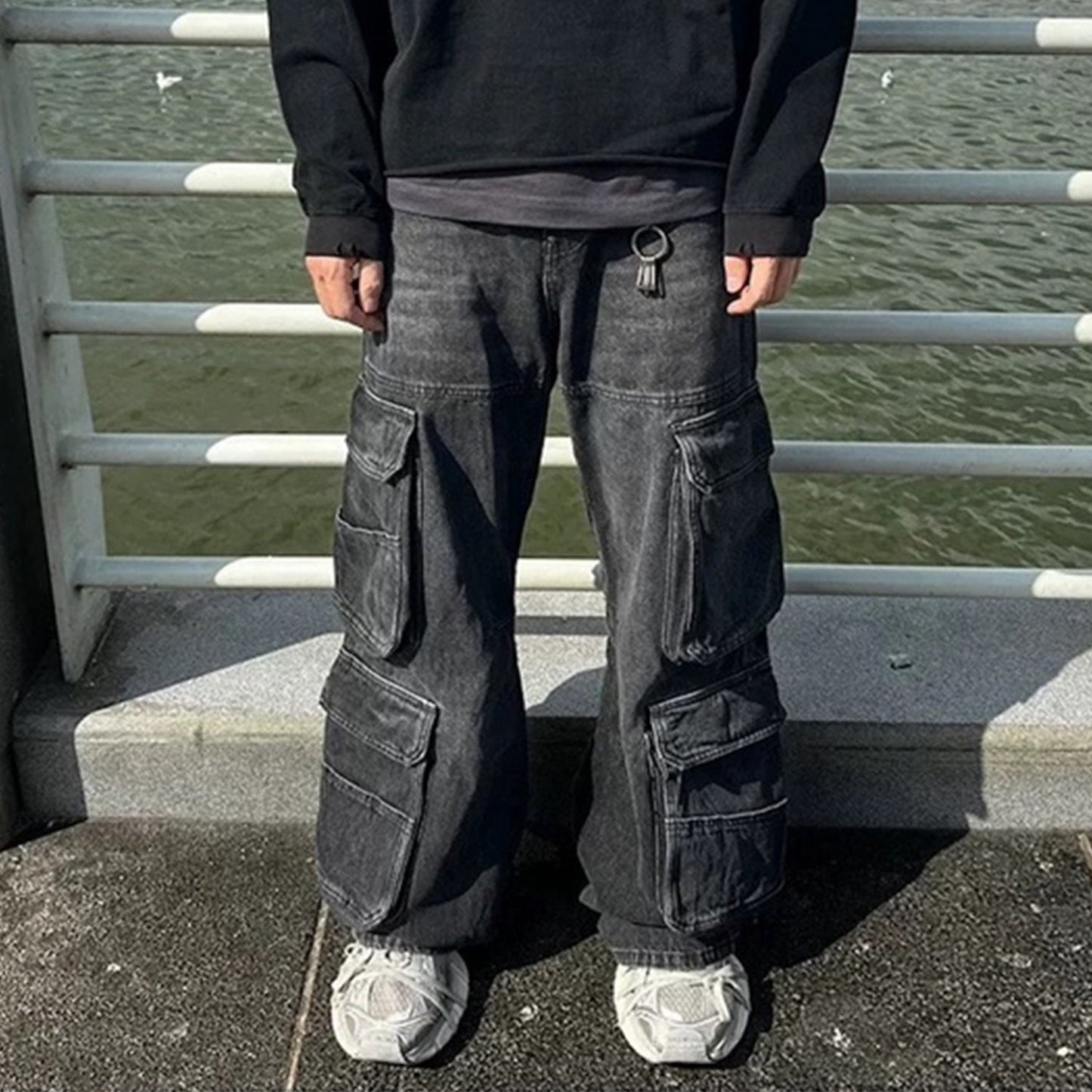 MIJKO Men's Vintage Pants MIJKO Men's Wide Leg Jeans Washed Black Trousers Tide