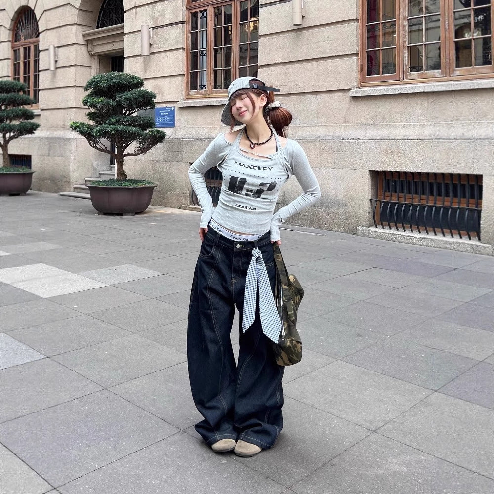 Women jeans retro washed scimitar jeans loose wide-leg casual trousers