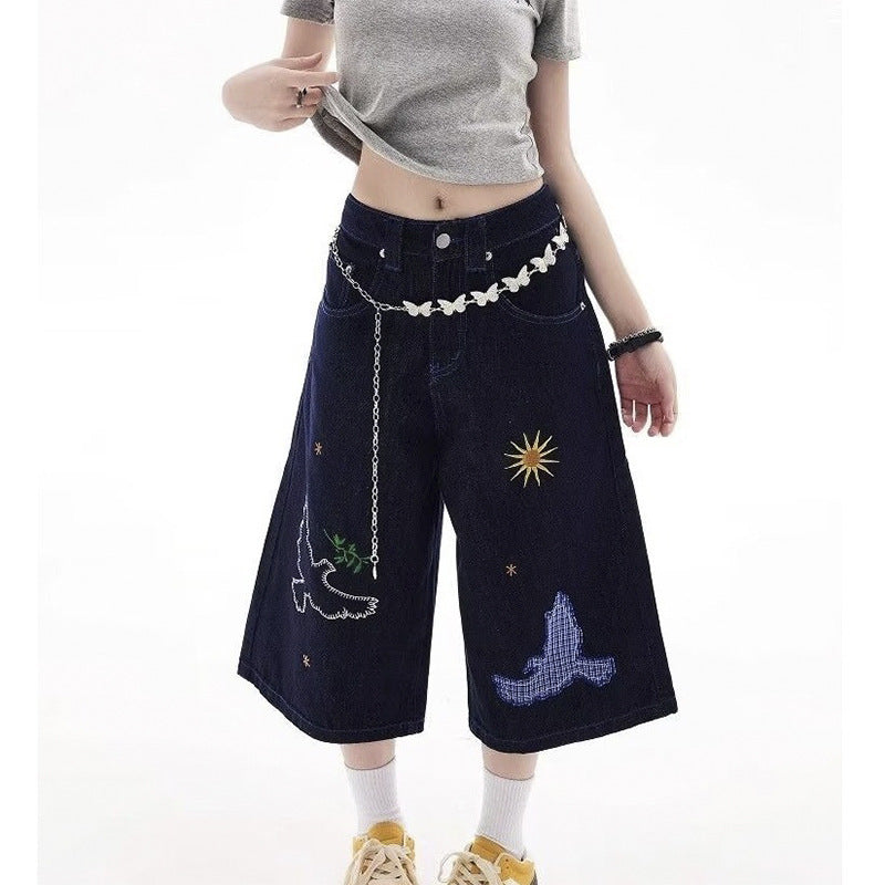 Women jeans fun embroidery design sense women loose wide leg pants