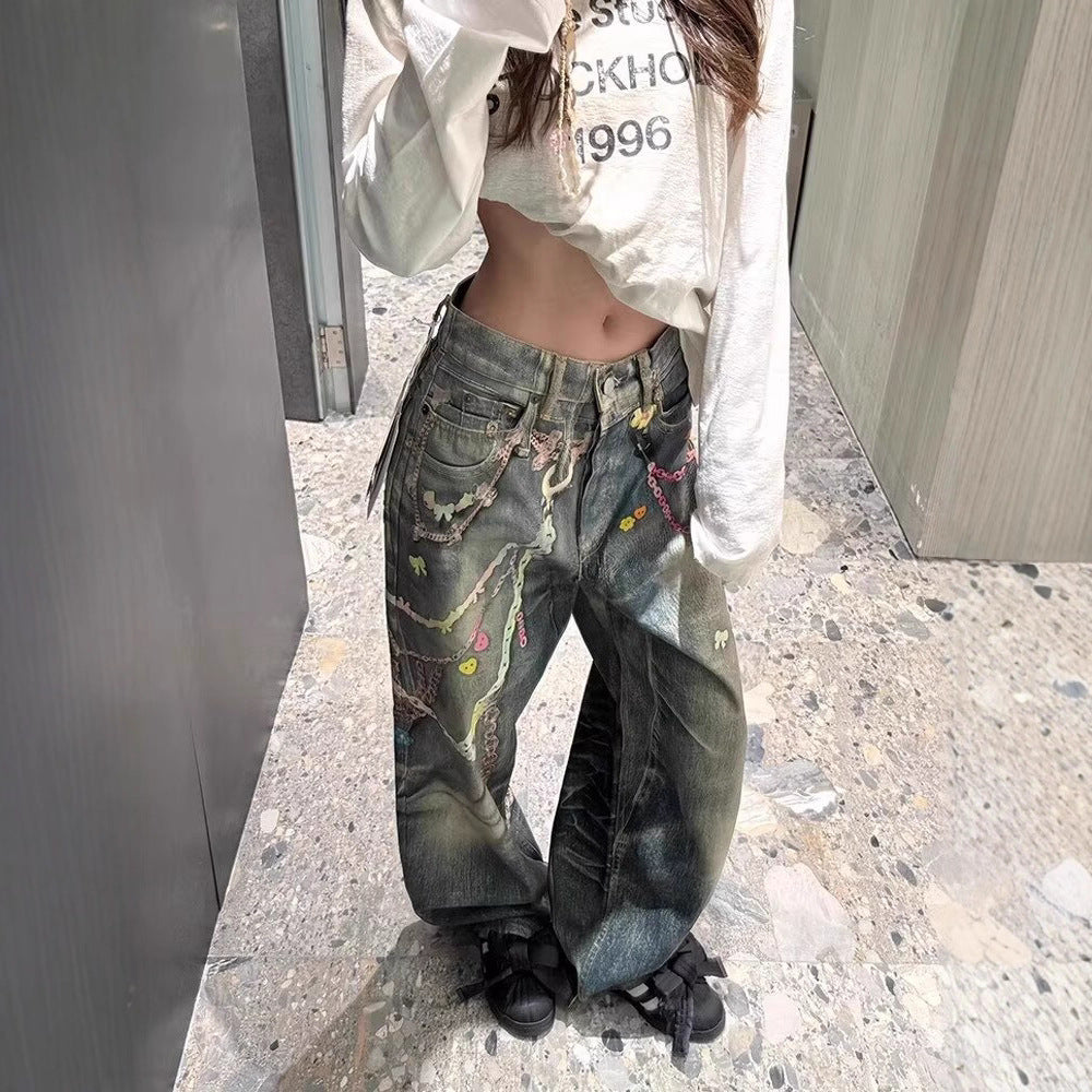 Women jeans summer necklace printingloose