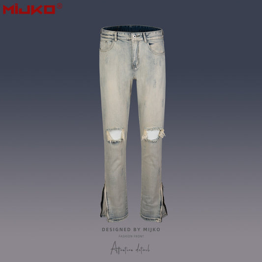MIJKO Mens Vintage Pants Zipper Slim Fit Ripped Old Jeans