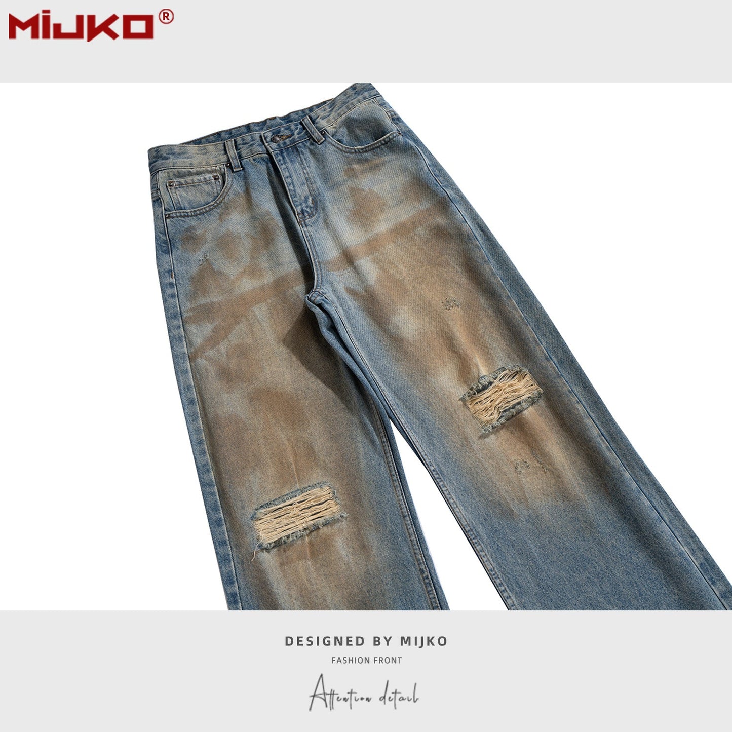 MIJKO Mens Vintage Pants Ripped Old Blue Jeans