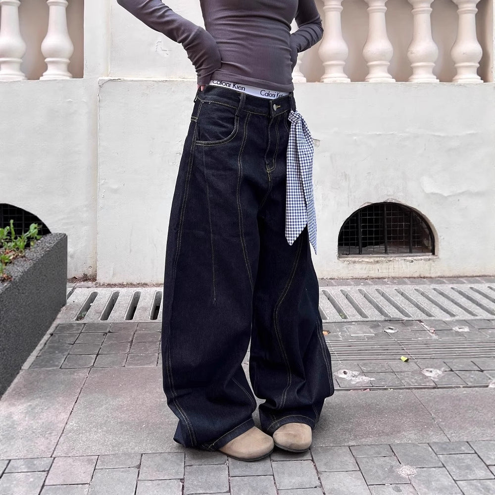 Women jeans retro washed scimitar jeans loose wide-leg casual trousers