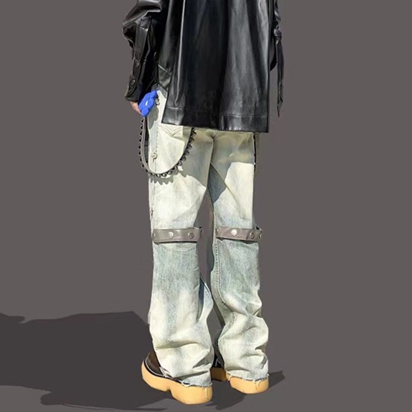 MIJKO Men's Vintage Pants MIJKO Men's Washed Trousers High Street Old Micro-pull Jeans