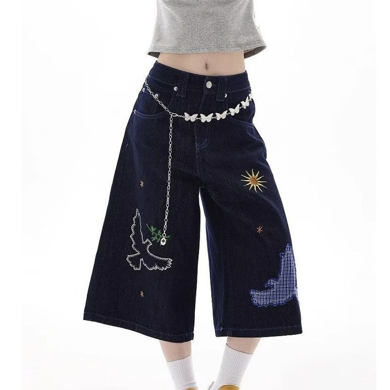 Women jeans fun embroidery design sense women loose wide leg pants